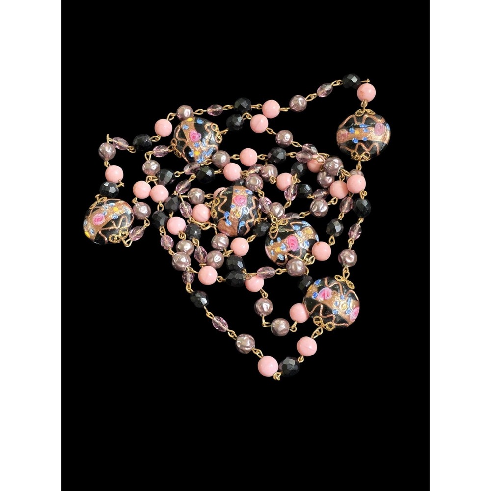 Vintage Murano Glass Bead Necklace Black Pink Italian Wedding Cake Flapper 52"